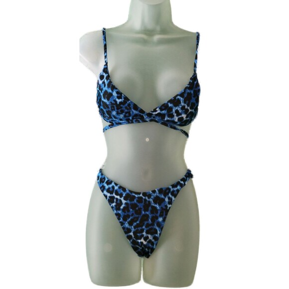 Brazilian Cut Blue Leopard Triangle Bikini With Mesh Skirt Sz M - Picture 1 of 6